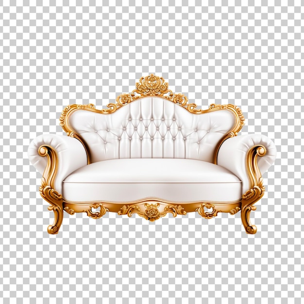 Kostenlose PSD luxuriöses weißes und goldenes sofa, isoliert auf durchsichtigem hintergrund