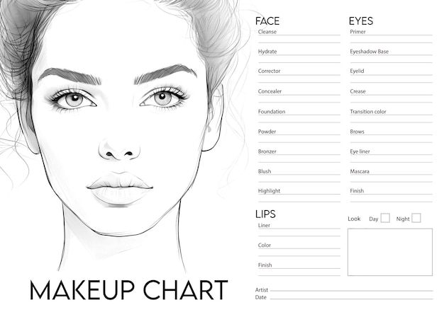 Make-up-gesichtstabelle mit handgezeichnetem frauengesicht