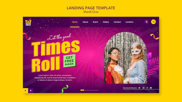 Mardi gras landing page designvorlage mit farbverlauf