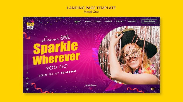 Mardi gras landing page designvorlage mit farbverlauf