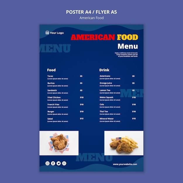 Kostenlose PSD menü für american food restaurant