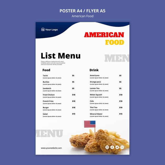 Menüvorlage für American Food Restaurant