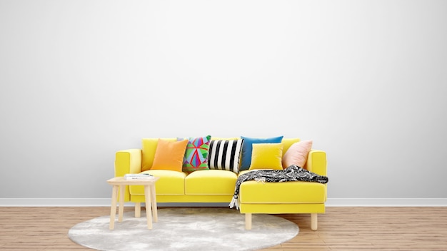 Minimales Wohnzimmer mit gelbem Sofa und Teppich, Einrichtungsideen