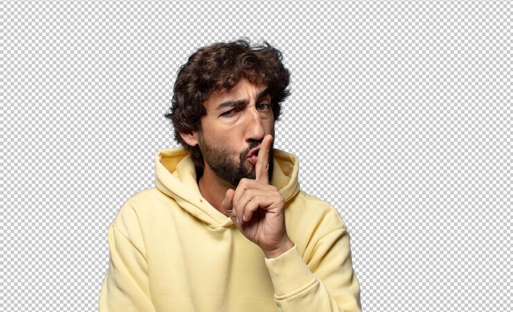 Kostenlose PSD mit einem ernsten und kreuzigen gesicht, mit dem finger an die lippen gedrückt, die stille oder stille verlangen, ein geheimnis bewahren