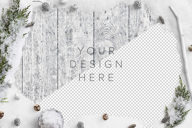 Mockup Cold Winter Nature Scene mit Schnee, Tannenzweigen, Tannenzapfen und Eicheln