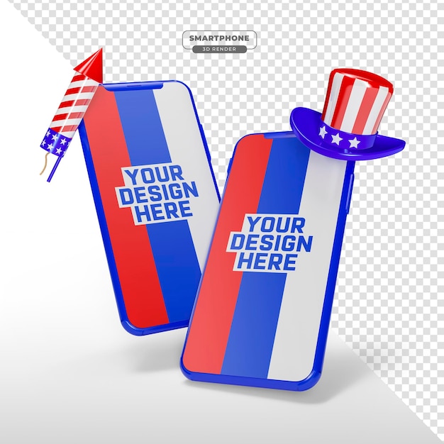 Kostenlose PSD mockup-smartphone-hut in 3d-rendering amerikanischen unabhängigkeitstag