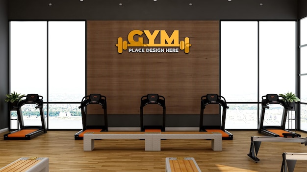 Moderner fitnessraum mit wanddekoration aus holz für das logo des fitnessstudios