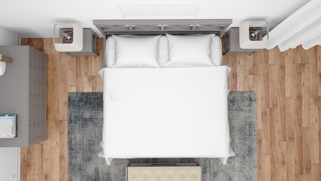 Modernes Schlafzimmer oder Hotelzimmer mit Doppelbett und eleganten Möbeln, Draufsicht