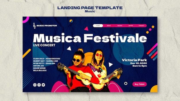 Kostenlose PSD musik-landing-page-vorlage mit flachem design