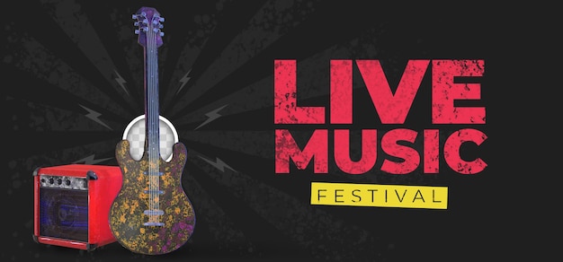 Musikalisches Banner mit Akustikgitarre. 3D-Rendering