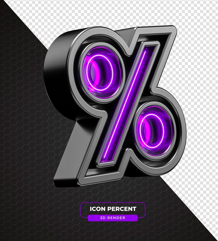 Kostenlose PSD neon-prozentsatzzeichen-symbol lila und schwarz in 3d-rendering mit durchsichtigem hintergrund