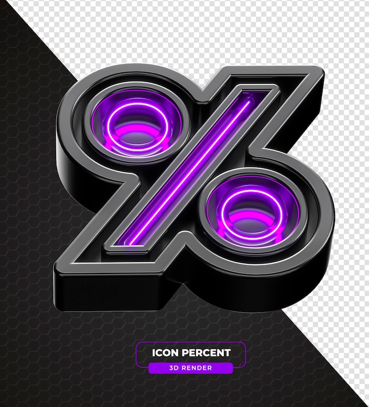 Kostenlose PSD neon-prozentsatzzeichen-symbol lila und schwarz in 3d-rendering mit durchsichtigem hintergrund