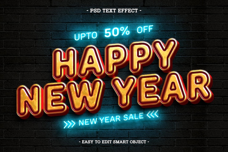 Kostenlose PSD neon-stil glückliches neues jahr 2025 bearbeitbare texteffekt