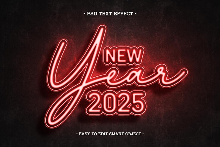 Kostenlose PSD neon-stil glückliches neues jahr 2025 bearbeitbare texteffekt