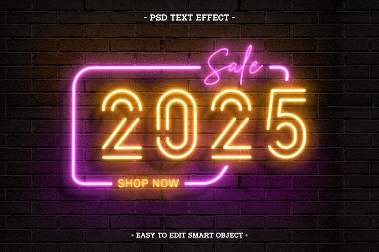 Kostenlose PSD neon-stil glückliches neues jahr 2025 bearbeitbare texteffekt