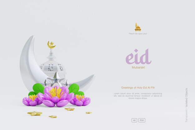 Netter Eid Al Fitr-Grußhintergrund, verziert mit 3D-Halbmond und Blumen