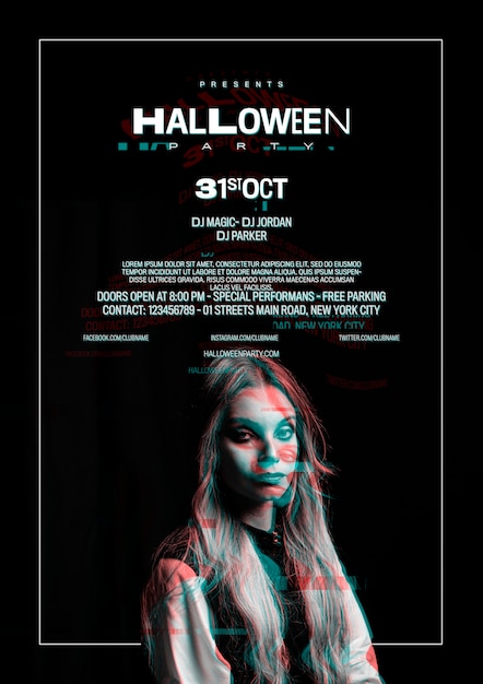 Kostenlose PSD nettes mädchen auf halloween-plakat mit störschubeffekt