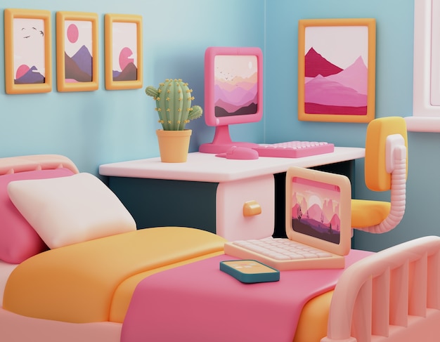 Nettes schlafzimmer mit desktop-illustration