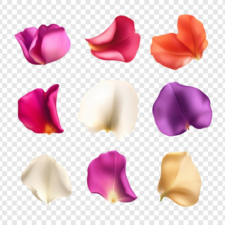 Kostenlose PSD neun farbenfrohe rosenblätter-kollektion eine lebhafte ausstellung von losgelösten rosenblättern in verschiedenen farben, die ihre zarten texturen und einzigartigen formen zeigen
