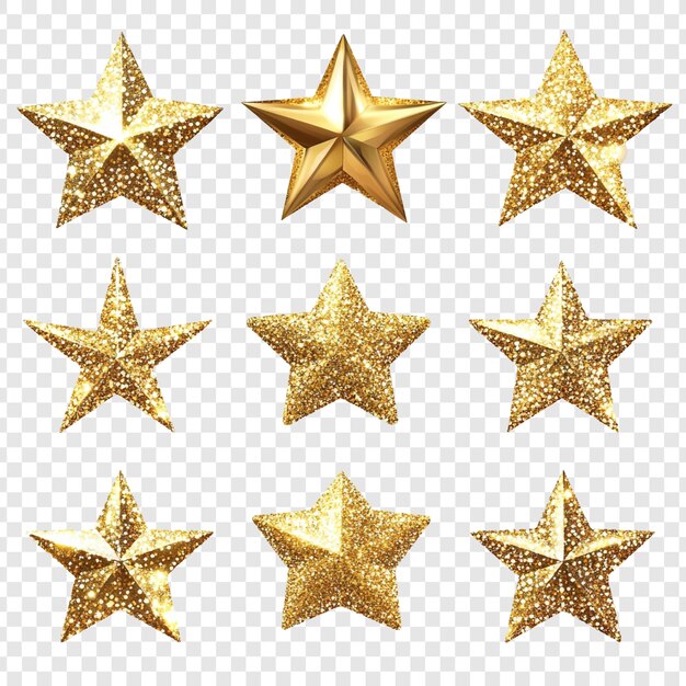 Neun funkelnde goldene Sterne Eine Sammlung von glitzernden Sternikonen