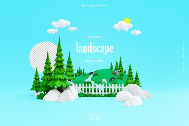 Niedliche Landschaftshintergrundvorlage mit Kiefern, grünes Tal, wilde Szene, isolierte 3D-Illustration