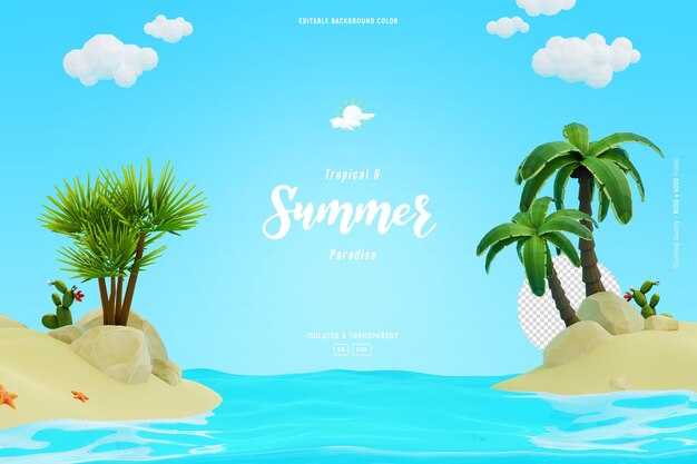 Niedlicher Sommerstrandlandschaftshintergrund, der mit Wolken und Palmen verziert ist, isolierte 3D-Illustration