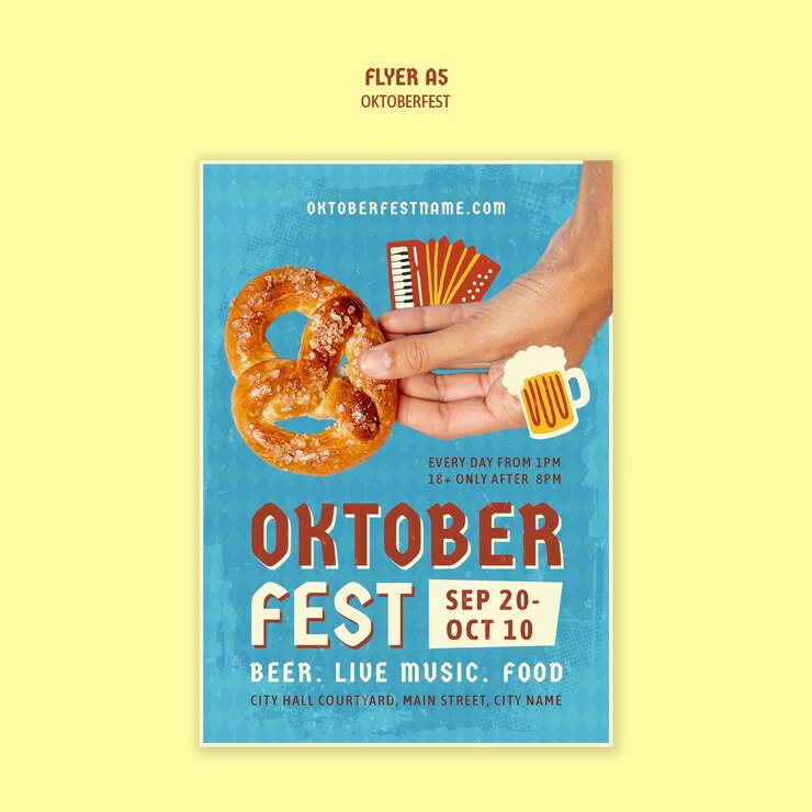 Kostenlose PSD oktoberfest-flyer mit bier, brezeln und musik