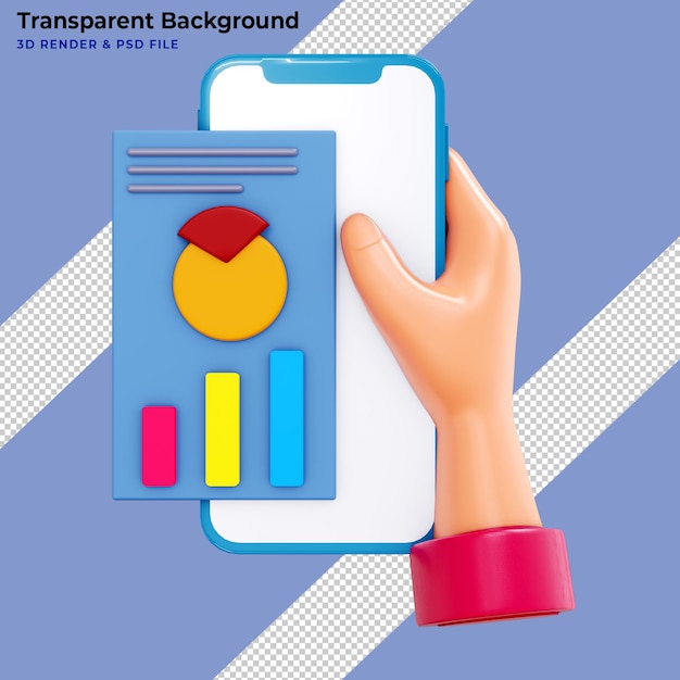 Kostenlose PSD online-marketing hand mit mobiltelefon mit datendiagramm finanzbericht diagramm datenanalyse 3d-rendering