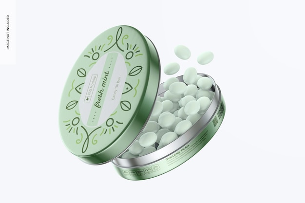 Oval candy tin box mockup, schwimmend