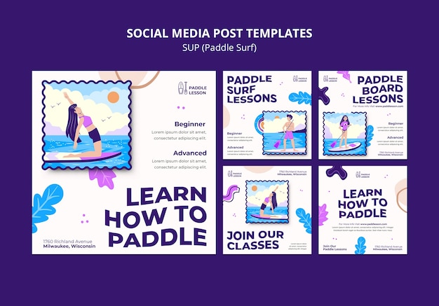 Kostenlose PSD paddle surf instagram posts sammlung mit abstrakten formen