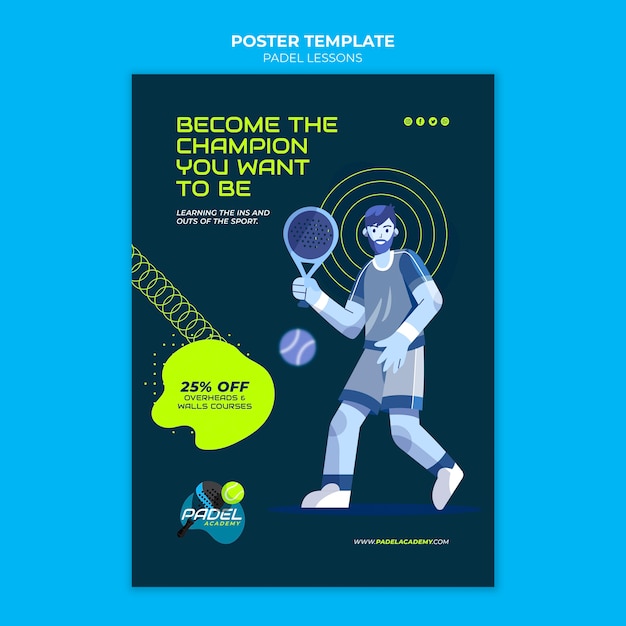 Paddle-tennis-unterrichtsplakat oder flyer-vorlage im flachen design