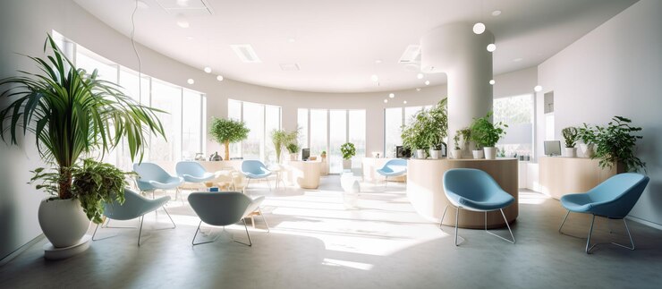 Kostenlose PSD panorama eines hellen empfangs- und wartezimmers in einer klinik mit schreibtisch generativer ki