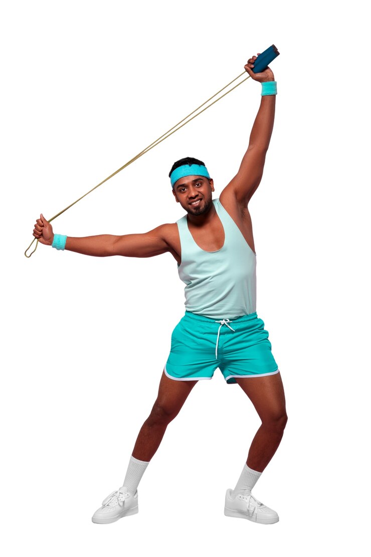 Kostenlose PSD person, die im fitnessstudio-kostüm der 80er jahre trainiert