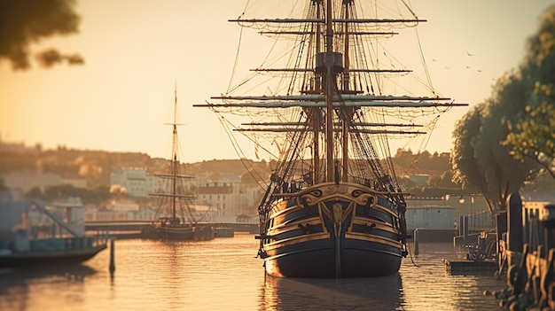 Kostenlose PSD piratenhafen mit blick auf das alte segelschiff generative ki