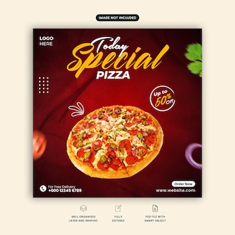 Pizza-social-media-beitrag. spezielles pizza-social-media-banner. köstliche essensvorlage mit rotem hintergrund. leckerer food-flyer. premium-pizza-werbung. korianderblatt, zwiebelscheibe, tomatenscheibe fallend.