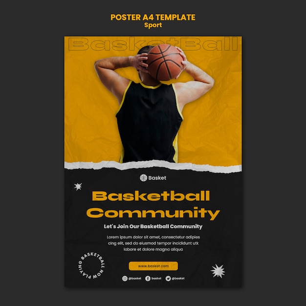 Kostenlose PSD plakatschablone für basketballspiel mit männlichem spieler