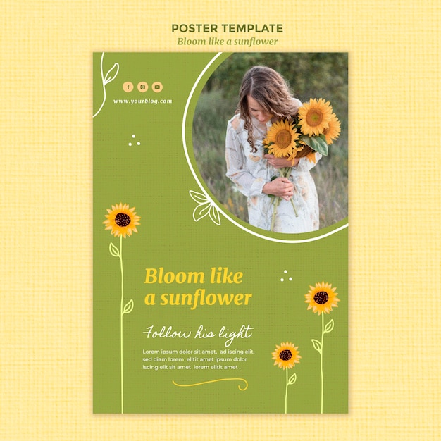 Kostenlose PSD plakatschablone mit sonnenblumen und frau