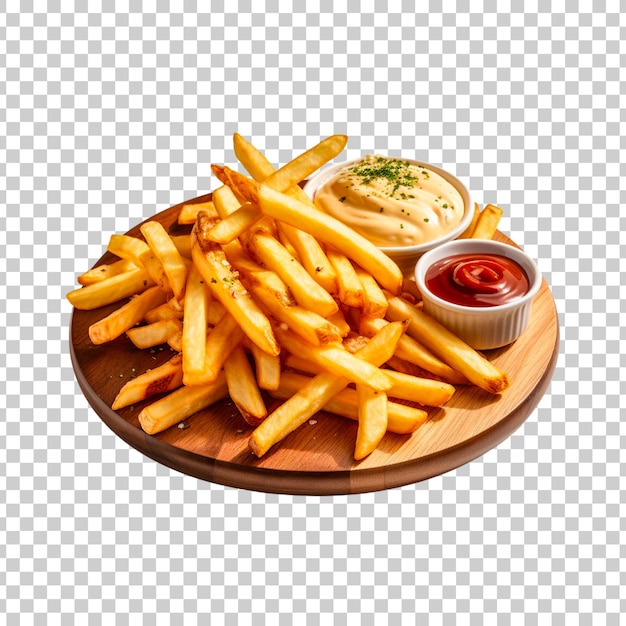 Kostenlose PSD pommes frites mit soße auf einem runden holzbrett auf einem durchsichtigen hintergrund