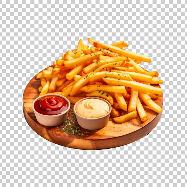 Kostenlose PSD pommes frites mit soße auf einem runden holzbrett auf einem durchsichtigen hintergrund