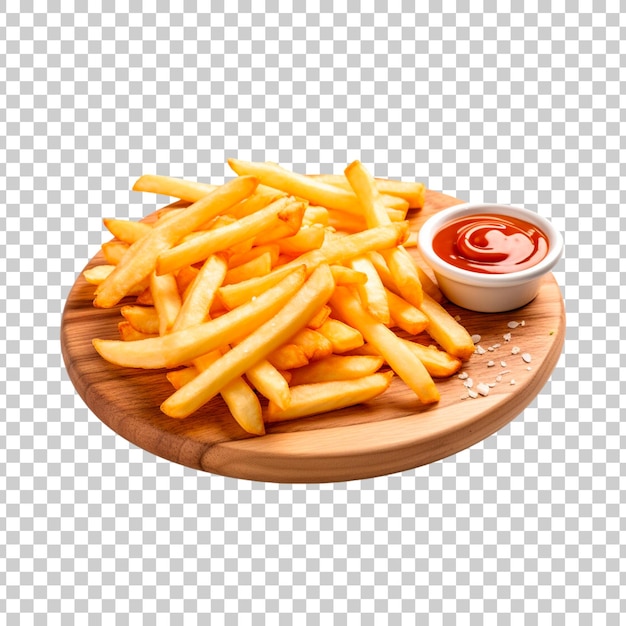 Kostenlose PSD pommes frites mit soße auf einem runden holzbrett auf einem durchsichtigen hintergrund