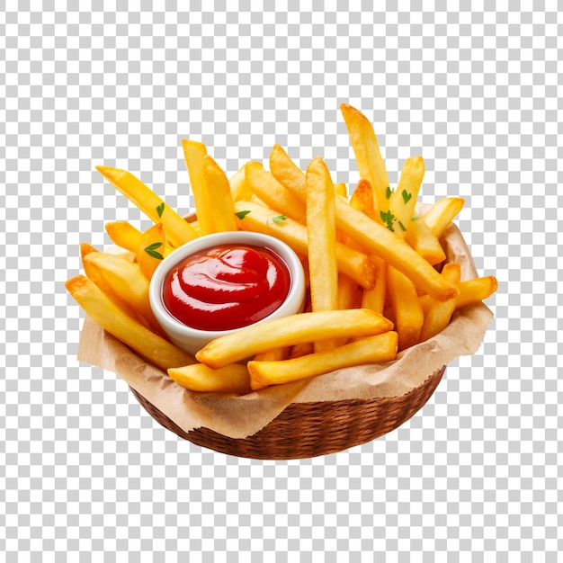 Kostenlose PSD pommes frites mit soße auf einem runden korb auf durchsichtigem hintergrund