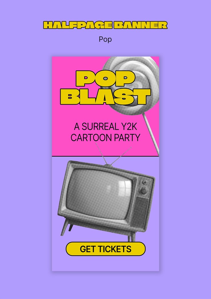 Kostenlose PSD pop blast: eine surreale y2k-cartoon-party-werbung