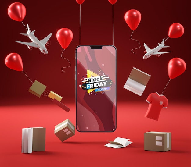 Pop Up Verkaufsballons Und Handy Auf Rotem Hintergrund Kostenlose Psd Datei