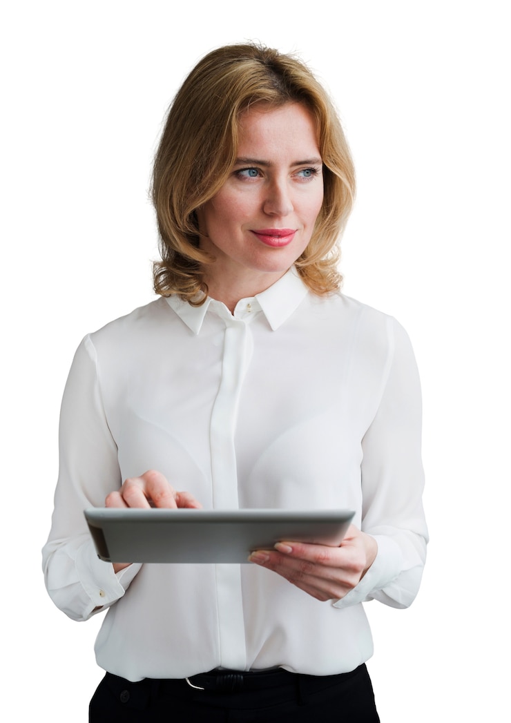 Kostenlose PSD porträt einer frau, die ein tablet-gerät verwendet