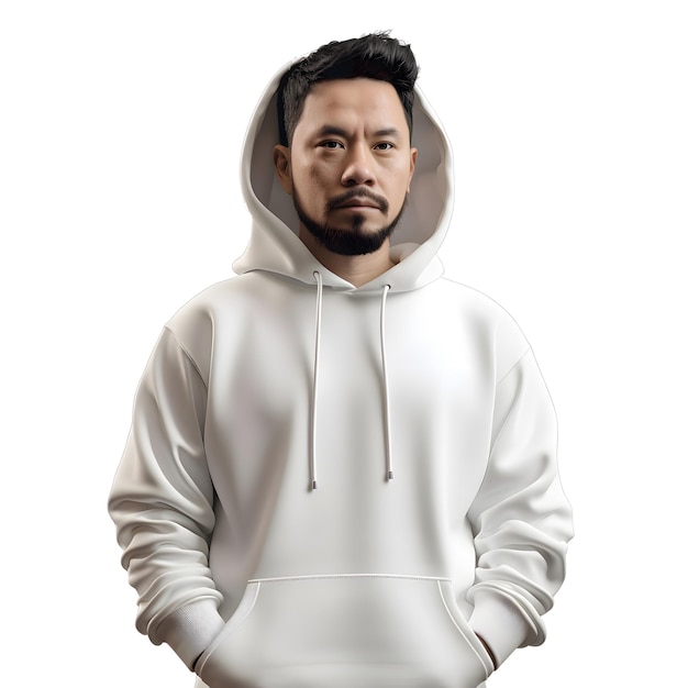 Porträt eines jungen asiatischen mannes in einem weißen hoodie auf weißem hintergrund