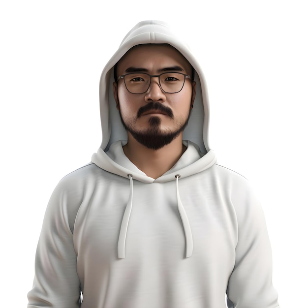 Porträt eines jungen asiatischen mannes in einem weißen hoodie auf weißem hintergrund