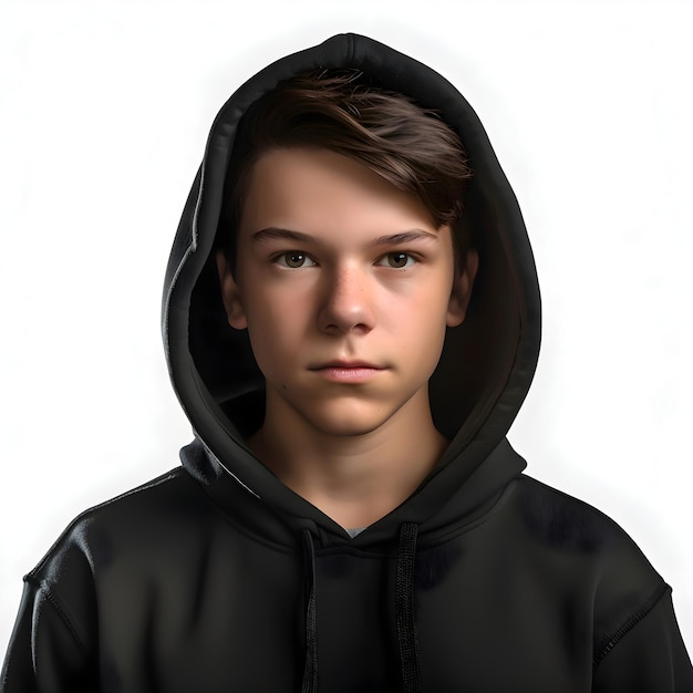 Porträt eines jungen mannes in einem schwarzen hoodie auf weißem hintergrund
