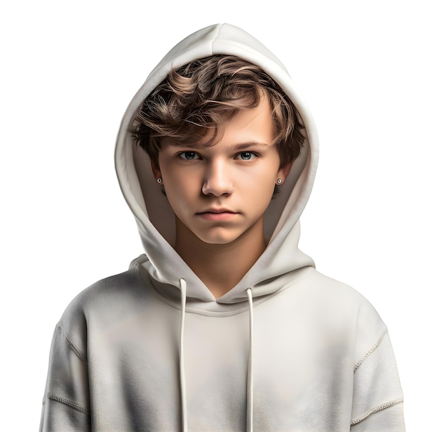 Kostenlose PSD porträt eines teenagerjungen in einem weißen hoodie mit weißem hintergrund