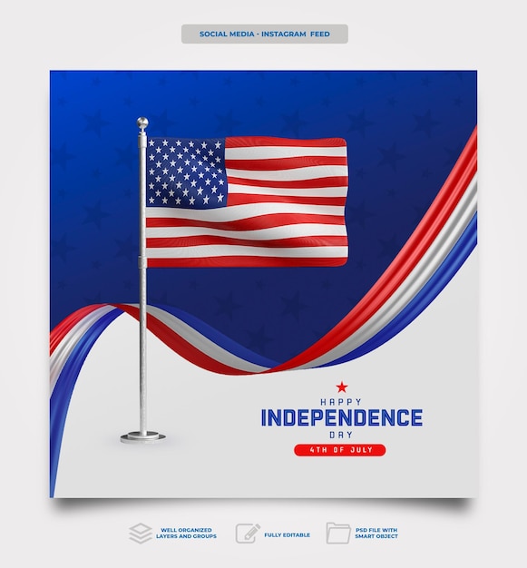 Post Social Media American Independence Day in 3D Render Template Design