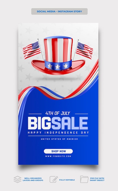 Kostenlose PSD post social media american independence day in 3d render template design